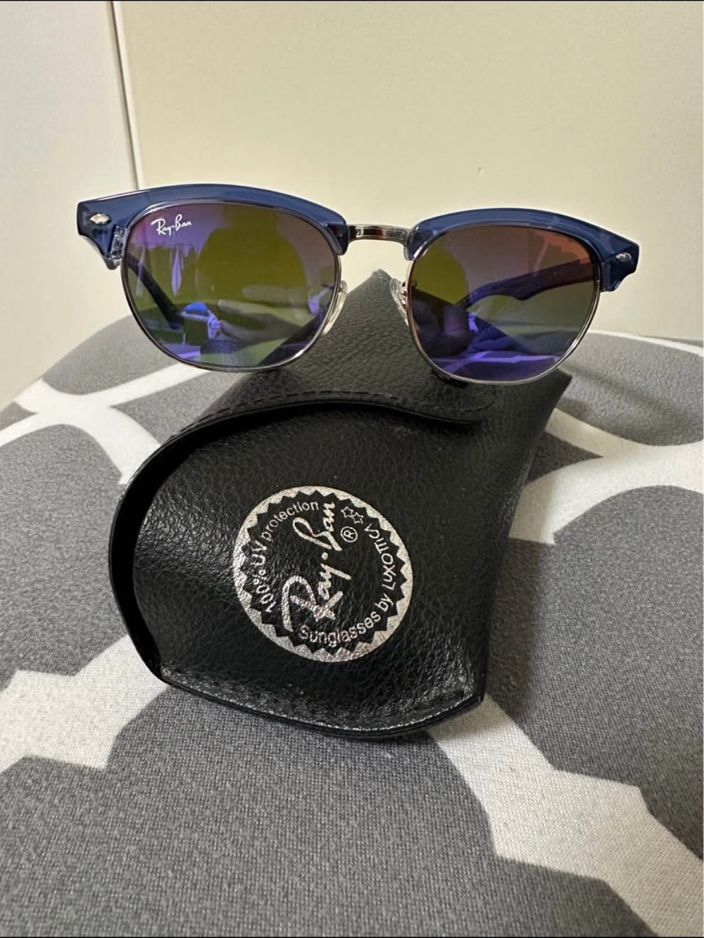 Ray-Ban Blue Frame Sunglasses with Mirrored Purple-Green Lenses